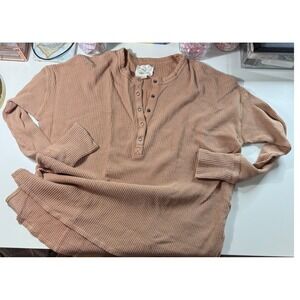 Offline by Aerie Womens Waffle Knit Henley Top Terracotta Long Sleeve Small